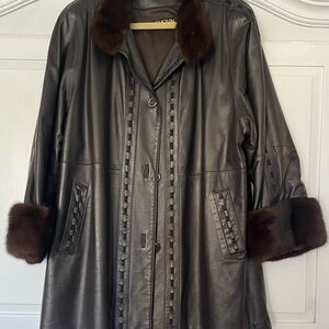 Luxurious Brown Leather Jacket with Brown Mink Fur Accents